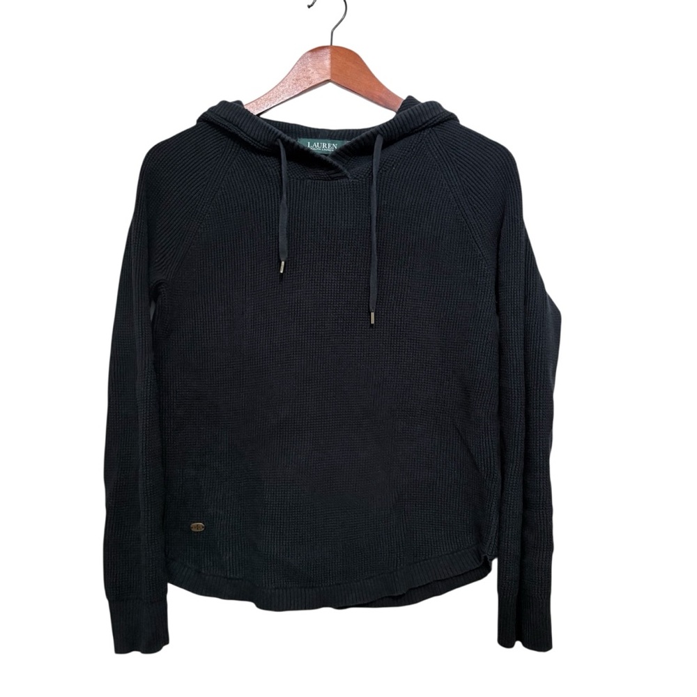 Ralph Lauren Black Waffle-Knit Hooded Long Sleeve Women’s Pullover Shirt Sz S - Picture 3 of 9